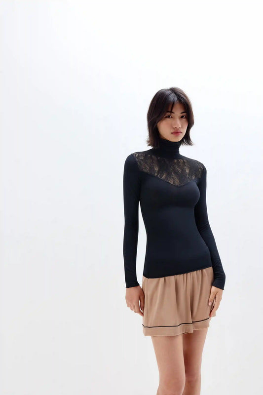 High Neck Top in Ultralight with Cashmere and Stretch Lace
