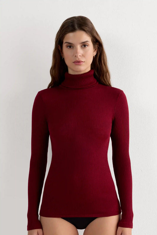 Long-sleeve High-Neck Tubular Top in Wool and Silk