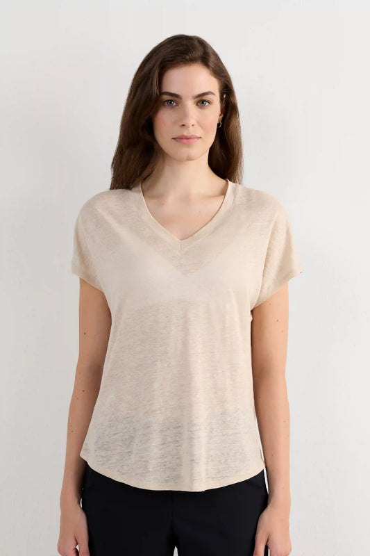 The Pure Linen Short Sleeve V-Neck Top in Linen