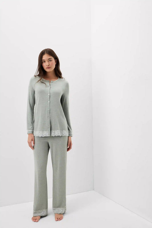 Lace Trim Button Up Full Length Pajamas in Modal
