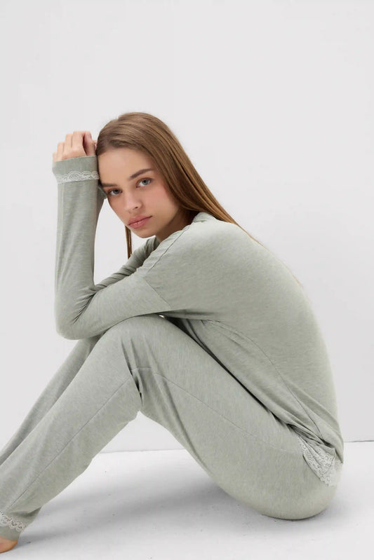 Lace Trim Full Length Pajamas in Modal