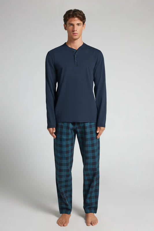 Full Length Henley Pajamas in Cotton Jersey and Cloth