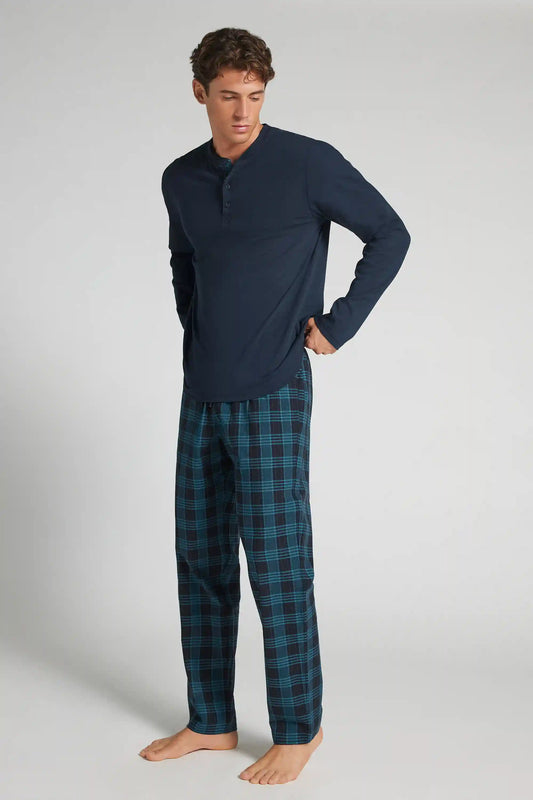 Full Length Henley Pajamas in Cotton Jersey and Cloth
