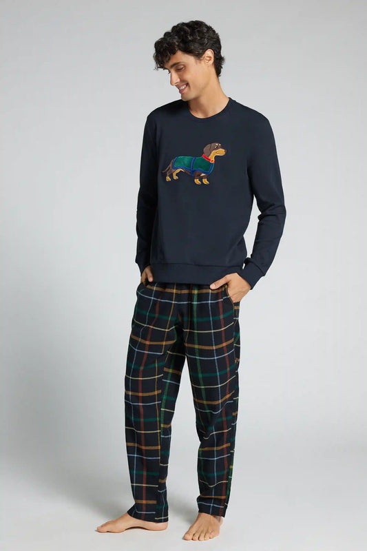 Men’s Full Length Cotton Pajamas with Dachshund Embroidery