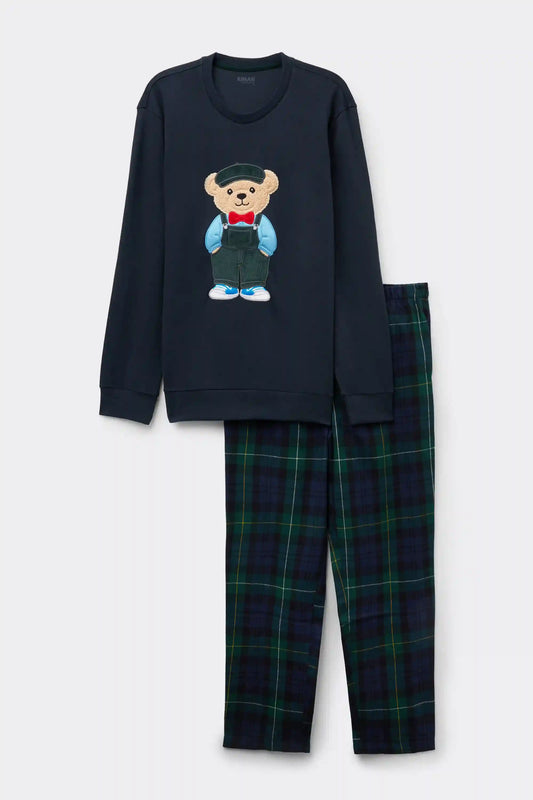 Men’s Full Length Cotton Pajamas with Gentleman Bear Embroidery