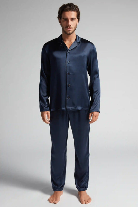Long Silk Piped Pajamas