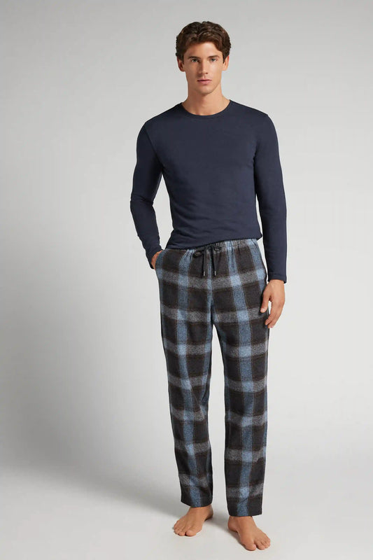 Blue Check Print Full Length Knit Pants