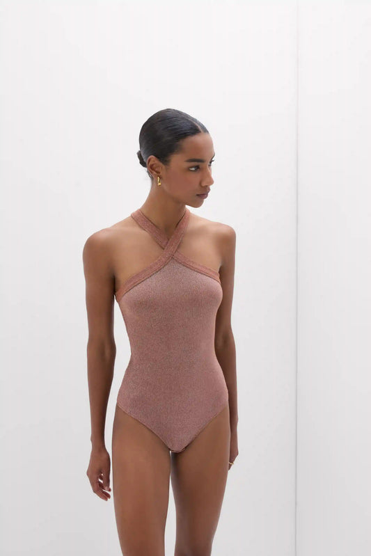 Ribbed Lamé Crisscross Bodysuit