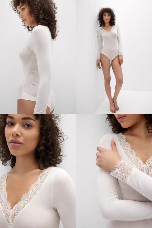 Long Sleeve Bodysuit in Ultralight with Cashmere and Lace