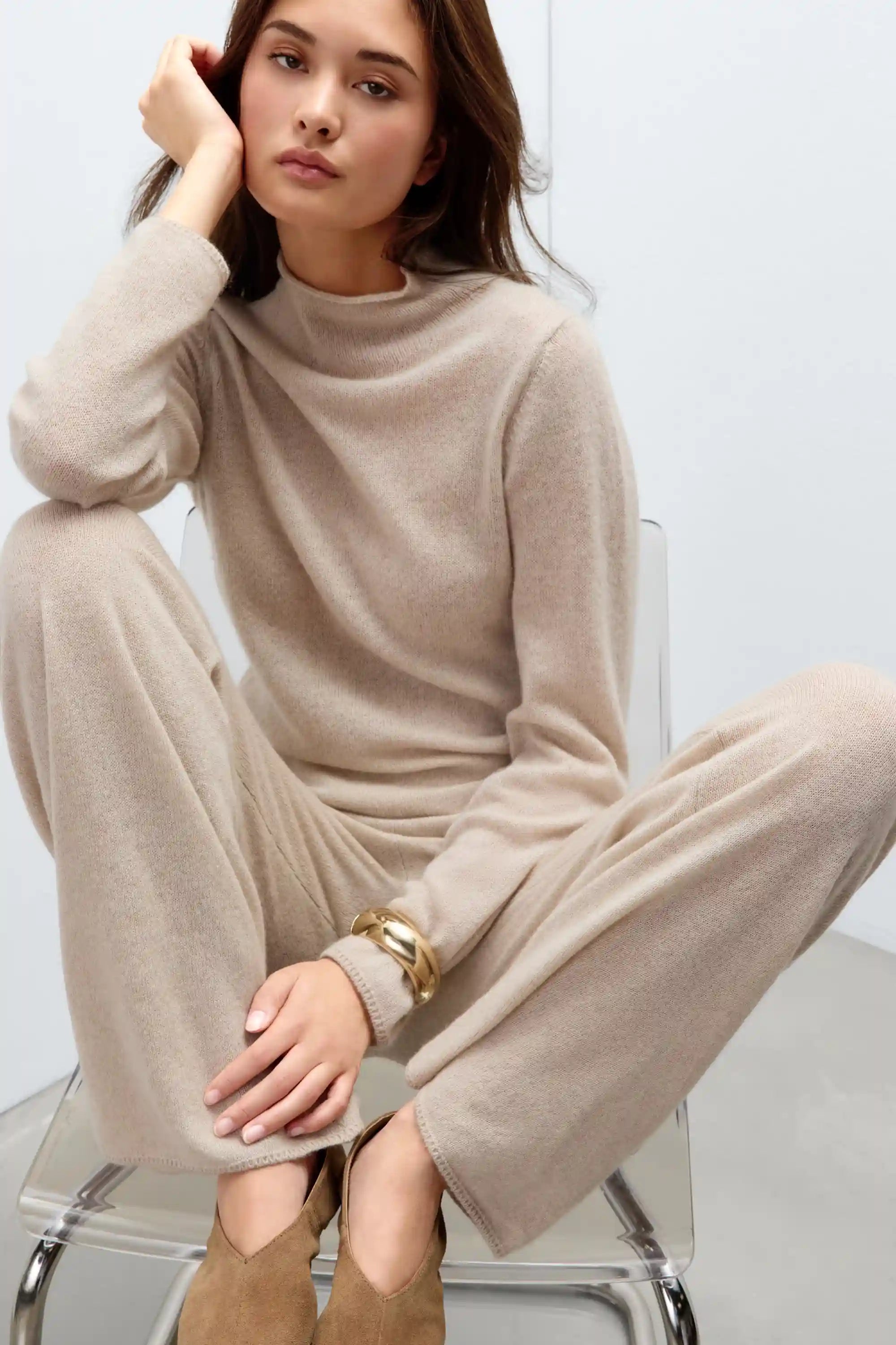 100% Cashmere Long Sleeve Funnel Neck Sweater