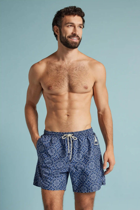 Blue Mosaic Print Swim Trunks