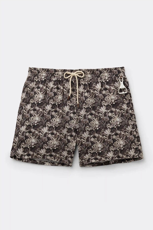 Brown Floral Print 100% Linen Swim Trunks