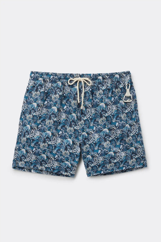 Blue Floral Print 100% Linen Swim Trunks