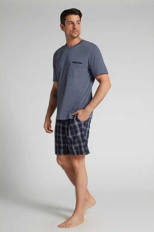 Check Print Denim Cloth and Cotton Short Pajamas