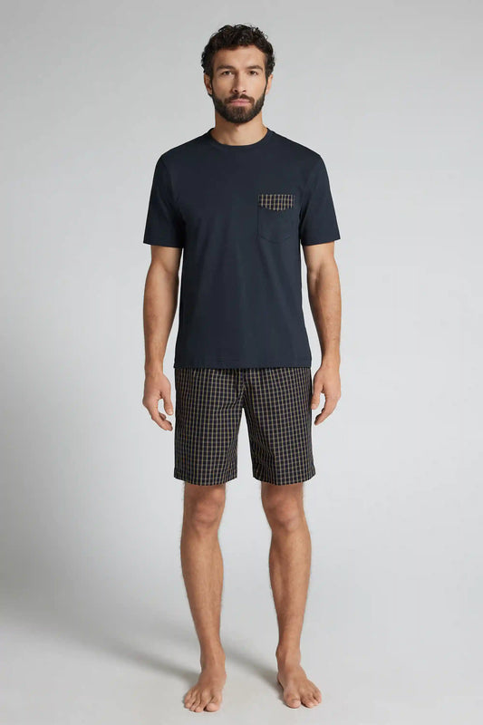 Blue and Cream Check Print Cloth and Cotton Short Pajamas