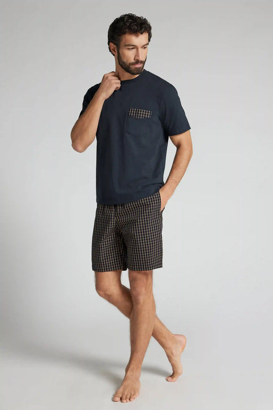 Blue and Cream Check Print Cloth and Cotton Short Pajamas