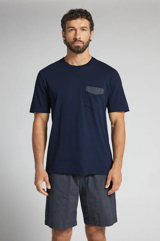 Short Cotton Pajamas with Blue Pinstripe Cloth
