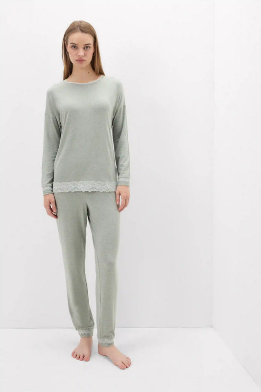 Lace Trim Full Length Pajamas in Modal