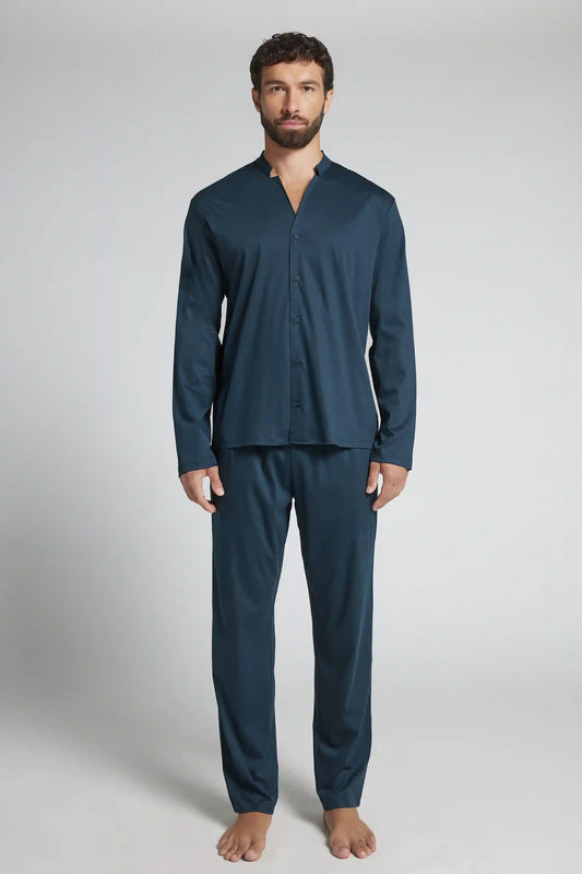 Open Front Full Length Pajamas in Mercerized Cotton filo Premium
