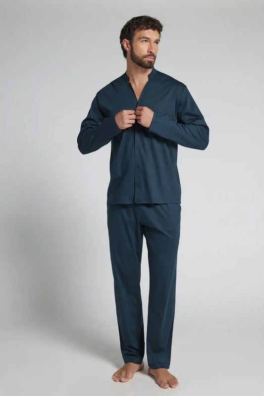 Open Front Full Length Pajamas in Mercerized Cotton filo Premium