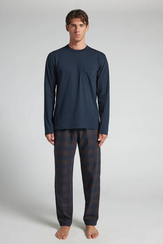Full Length Cotton Pajamas with Brown Check Print Cloth