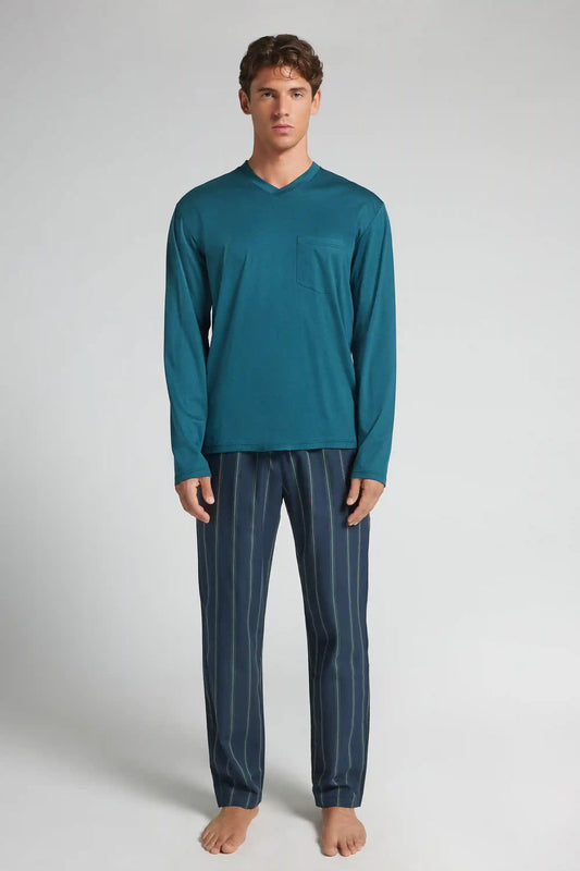 Full Length V-Neck Pajamas in Mercerized Cotton Cloth and filo Premium