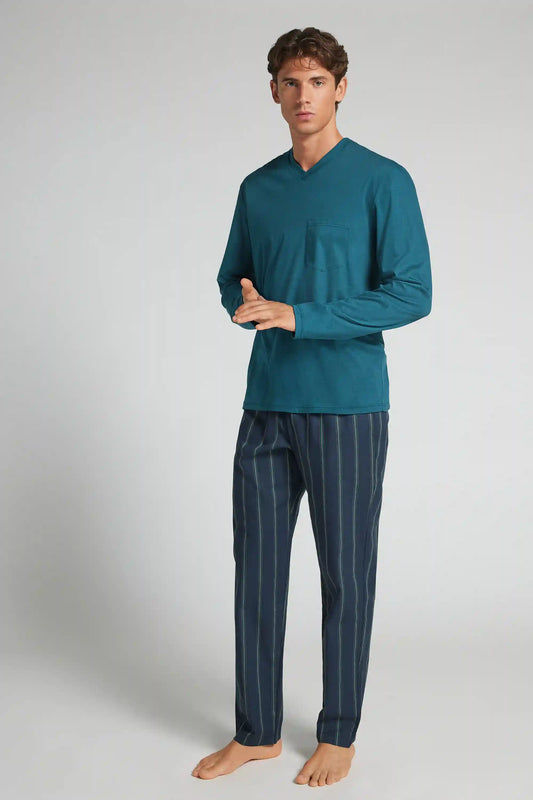 Full Length V-Neck Pajamas in Mercerized Cotton Cloth and filo Premium