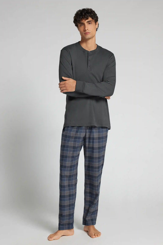 Full Length Pants in Blue and Gray Check Print Cloth